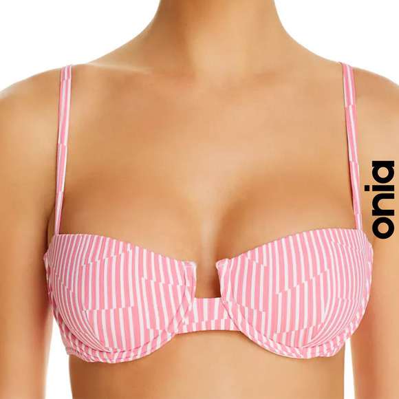 Onia NWT Dalia Pink and White Broken Striped Underwire Demi Cup Bikini Top Large - Picture 1 of 15